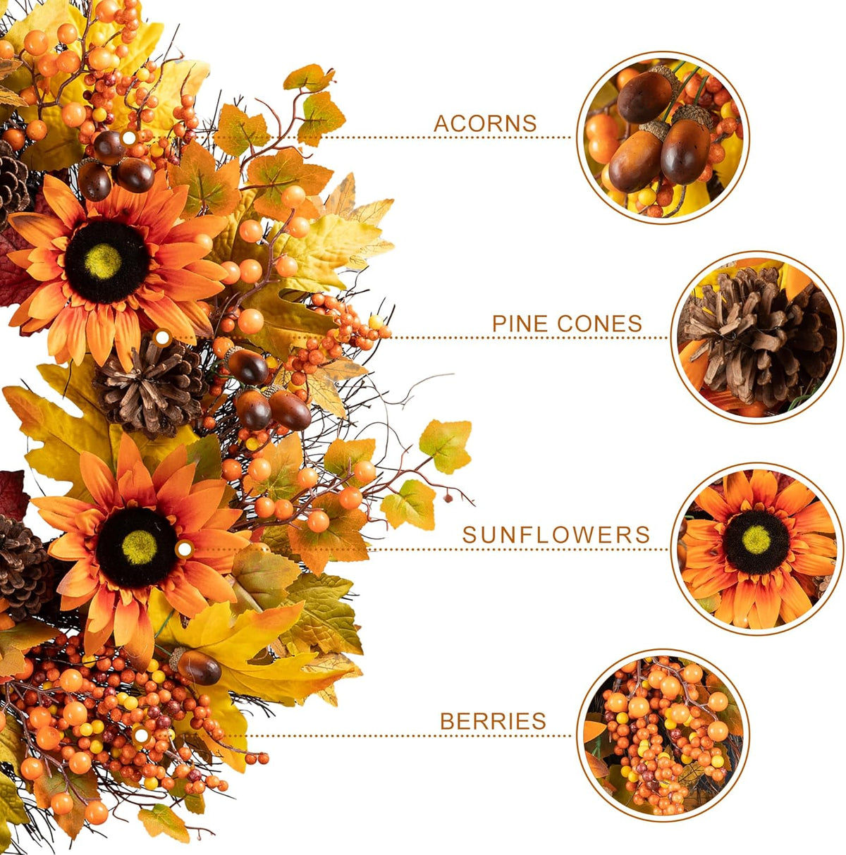 Glitzhome 24'' Fall Wreath for Front Door Decor, Artificial Autumn Orange Wreath with Sunflower