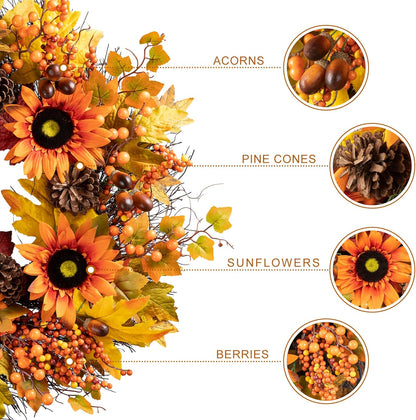 Glitzhome 24'' Fall Wreath for Front Door Decor, Artificial Autumn Orange Wreath with Sunflower