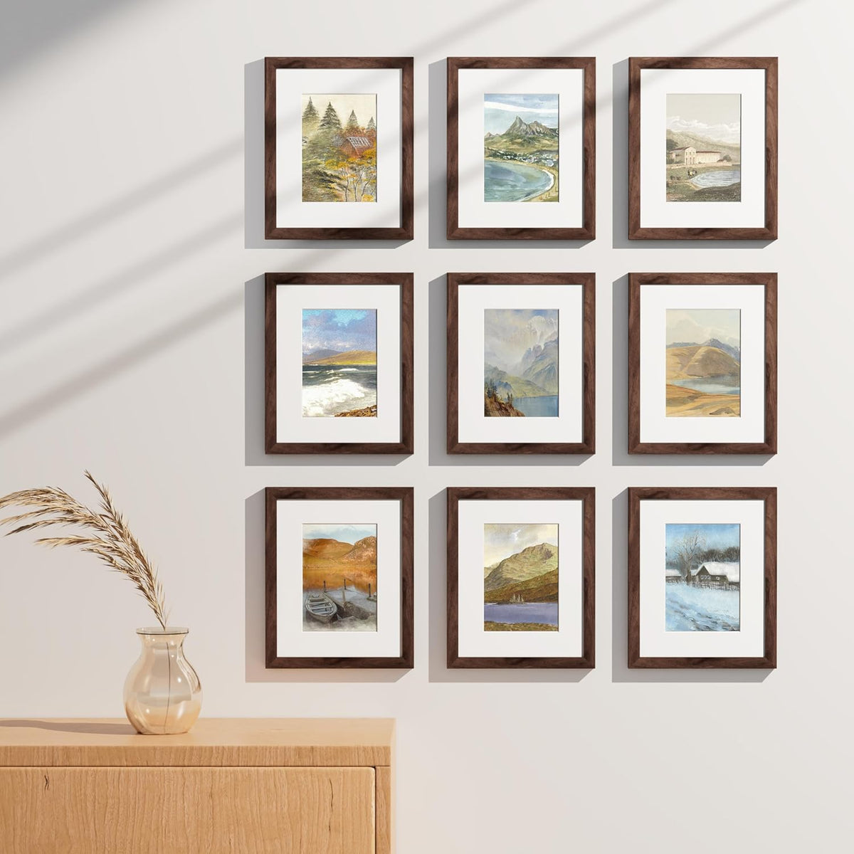 Vittanly 8x10 Picture Frames Set of 9, Shatter Resistant Plexiglass, Display 5x7 Pictures with Mat