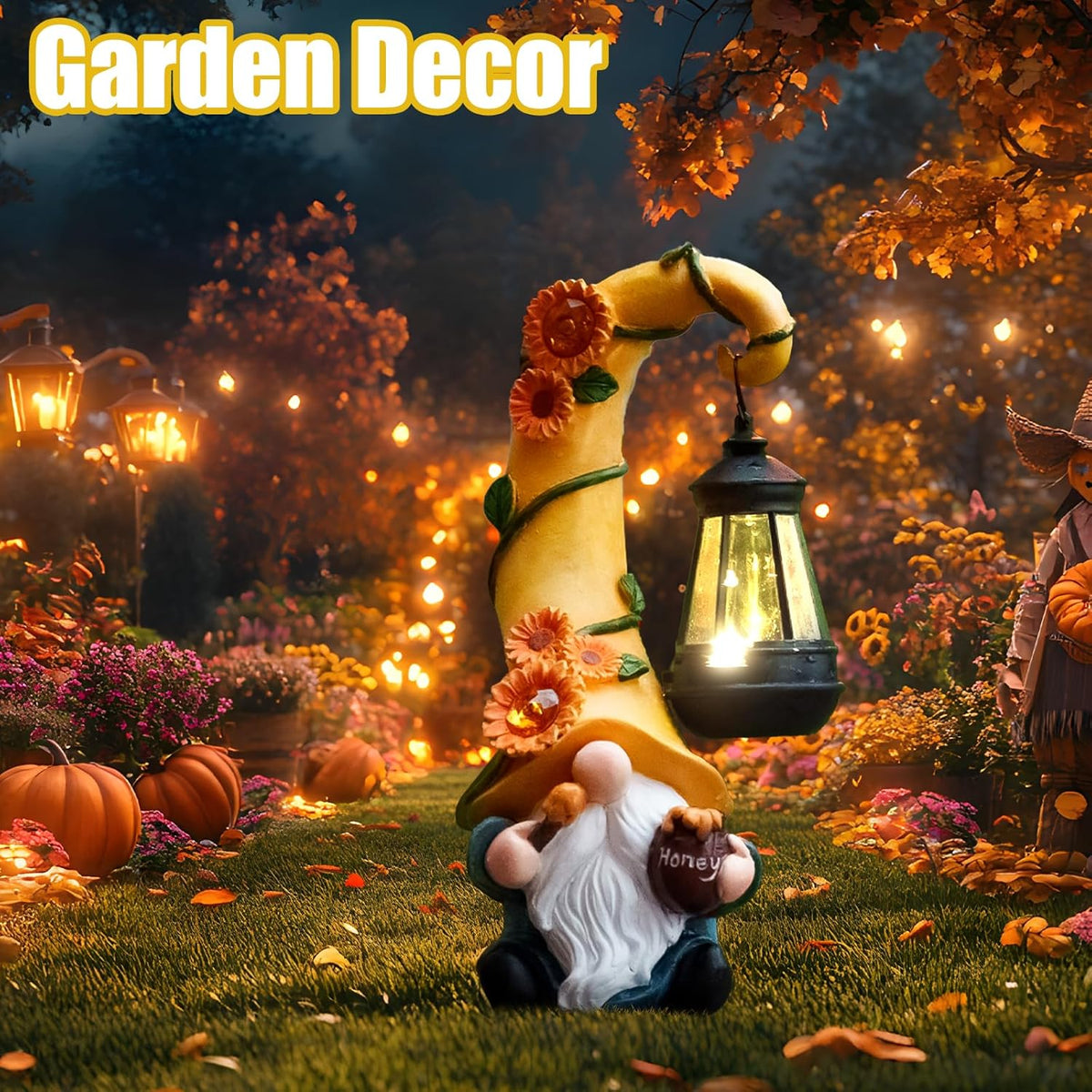 Fall Decorations for Home Porch 12" Solar Fall Gnome Sunflower Garden Statues Honey Bee Jar Decor