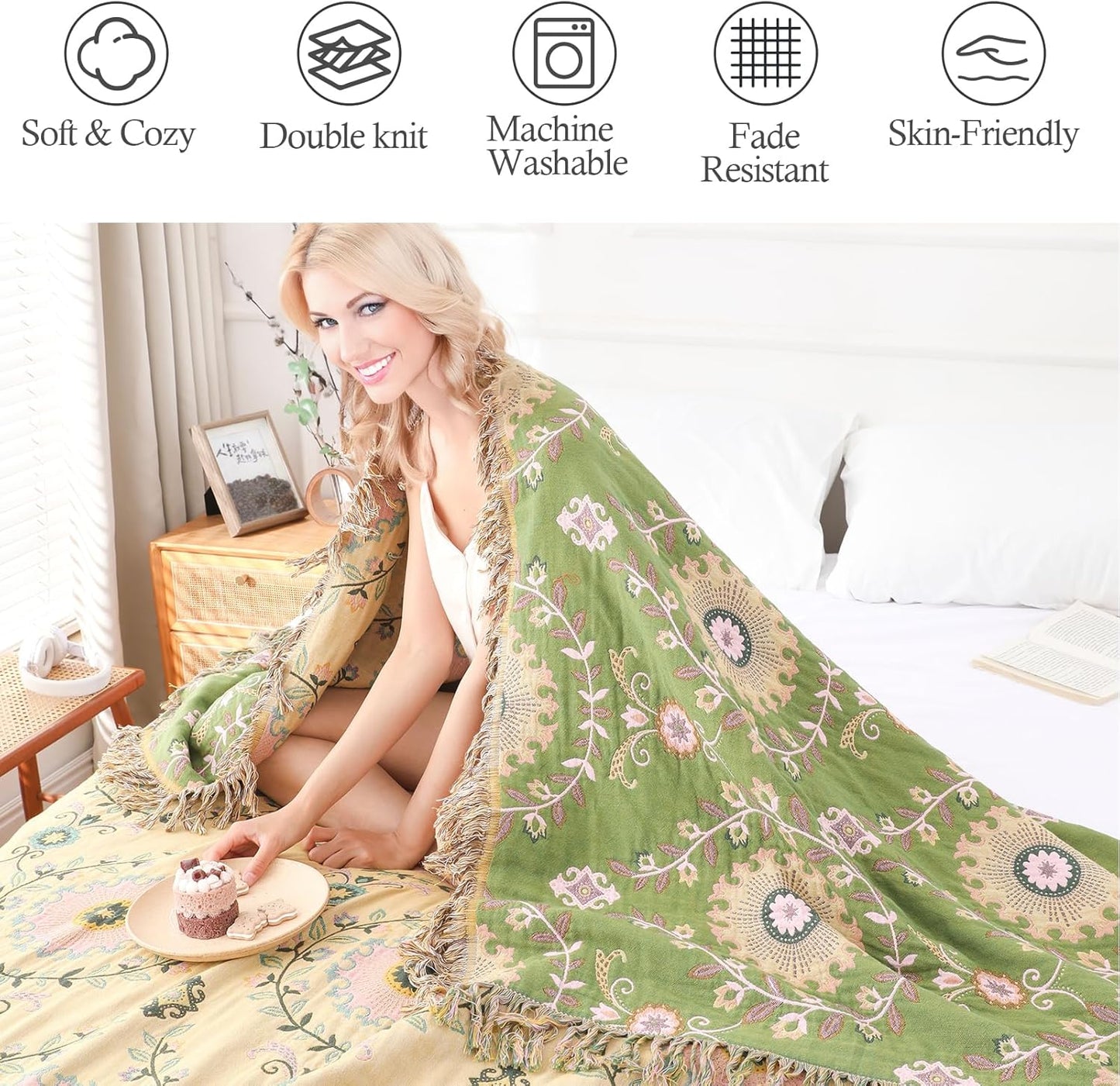 Snycler Boho Throw Blanket 60"x80" - 100% Cotton Ultra Soft Rustic Quilt, Green Floral Printed