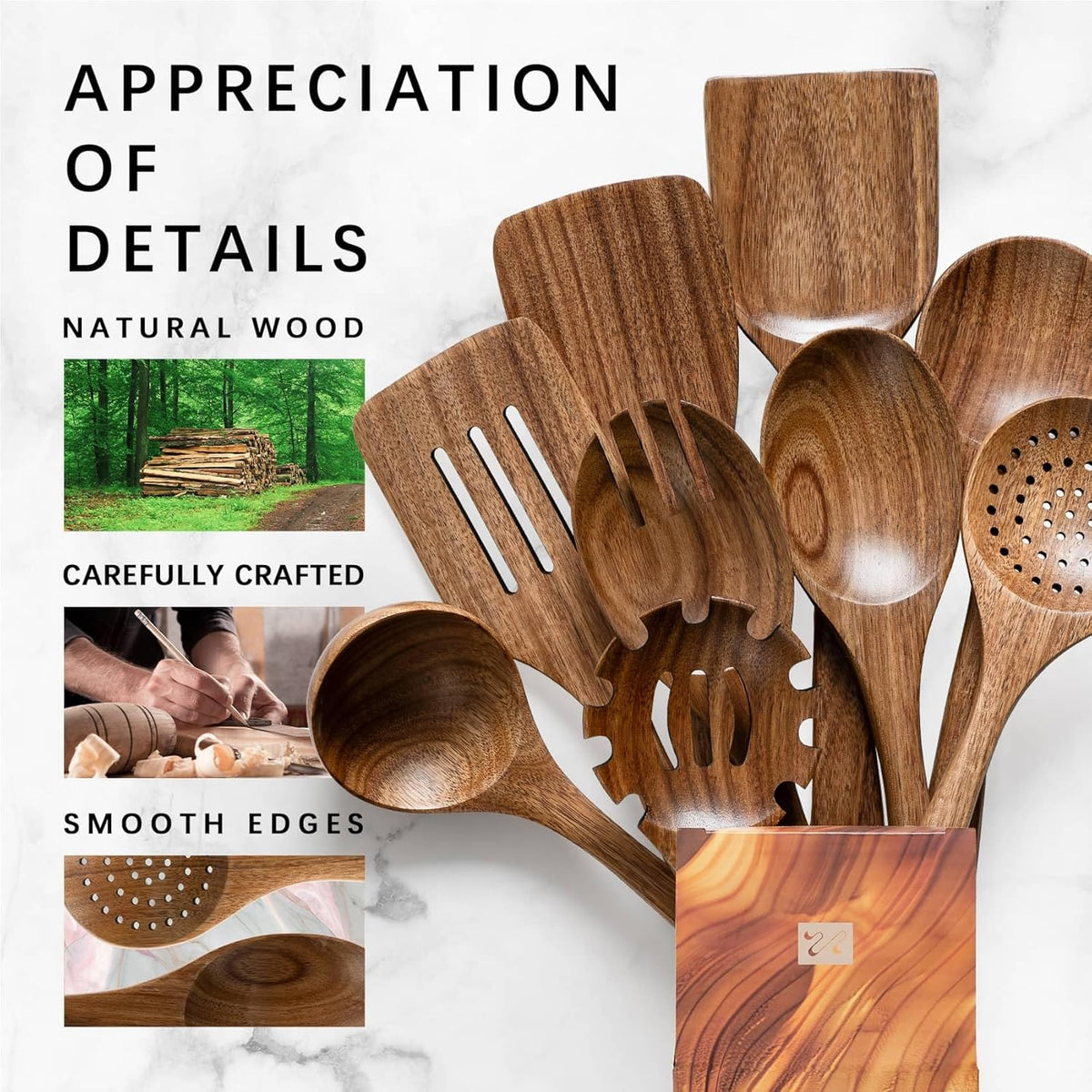 Wooden Spoons for Cooking, Nonstick Cooking Utensil Set with 9 Piece Acacia Wooden Spatulas and