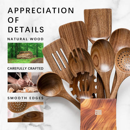 Wooden Spoons for Cooking, Nonstick Cooking Utensil Set with 9 Piece Acacia Wooden Spatulas and