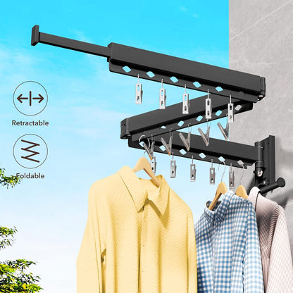 Wall Mounted Clothes Hanger, Aluminum Clothes Drying Rack, Space Saver, Retractable, Windproof