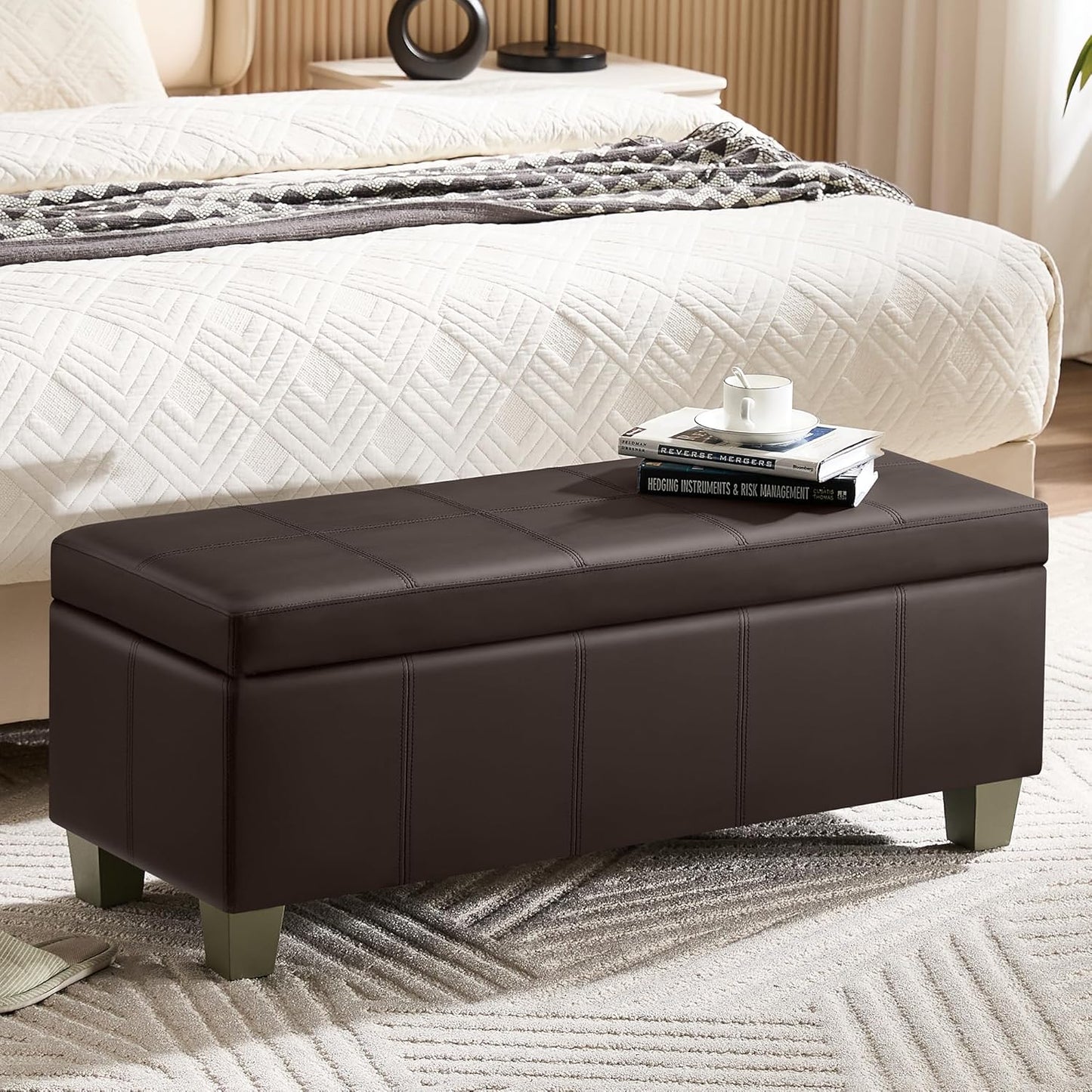 41" Faux Leather Storage Ottoman, Stitch Tufted Rectangle Upholstered End of Bed Storage Bench