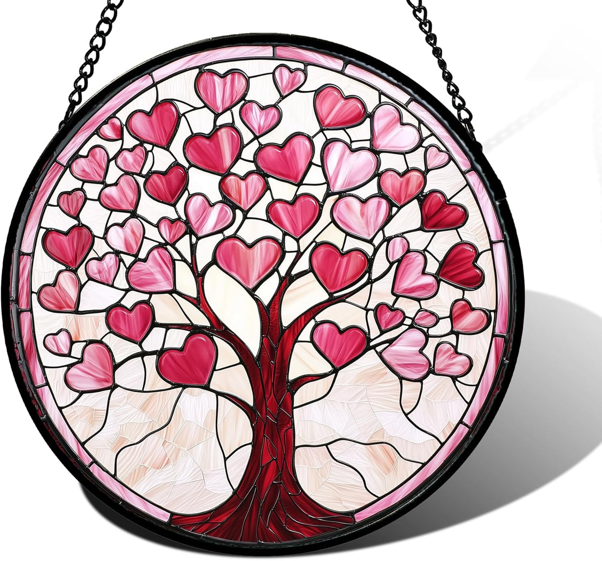 Stained Glass Window Hanging, Pink Love Heart Tree Suncatcher Hangings Beige Sun Catchers Decor for