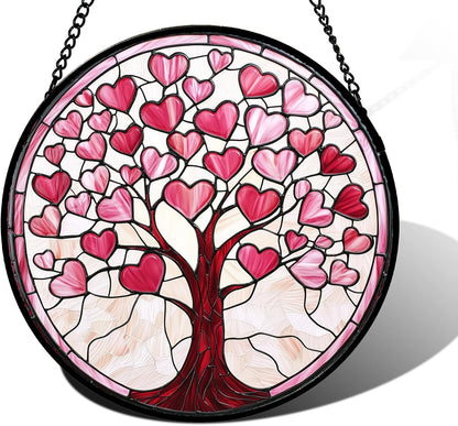 Stained Glass Window Hanging, Valentine's Day Gifts Pink Love Heart Tree Suncatcher Hangings Beige