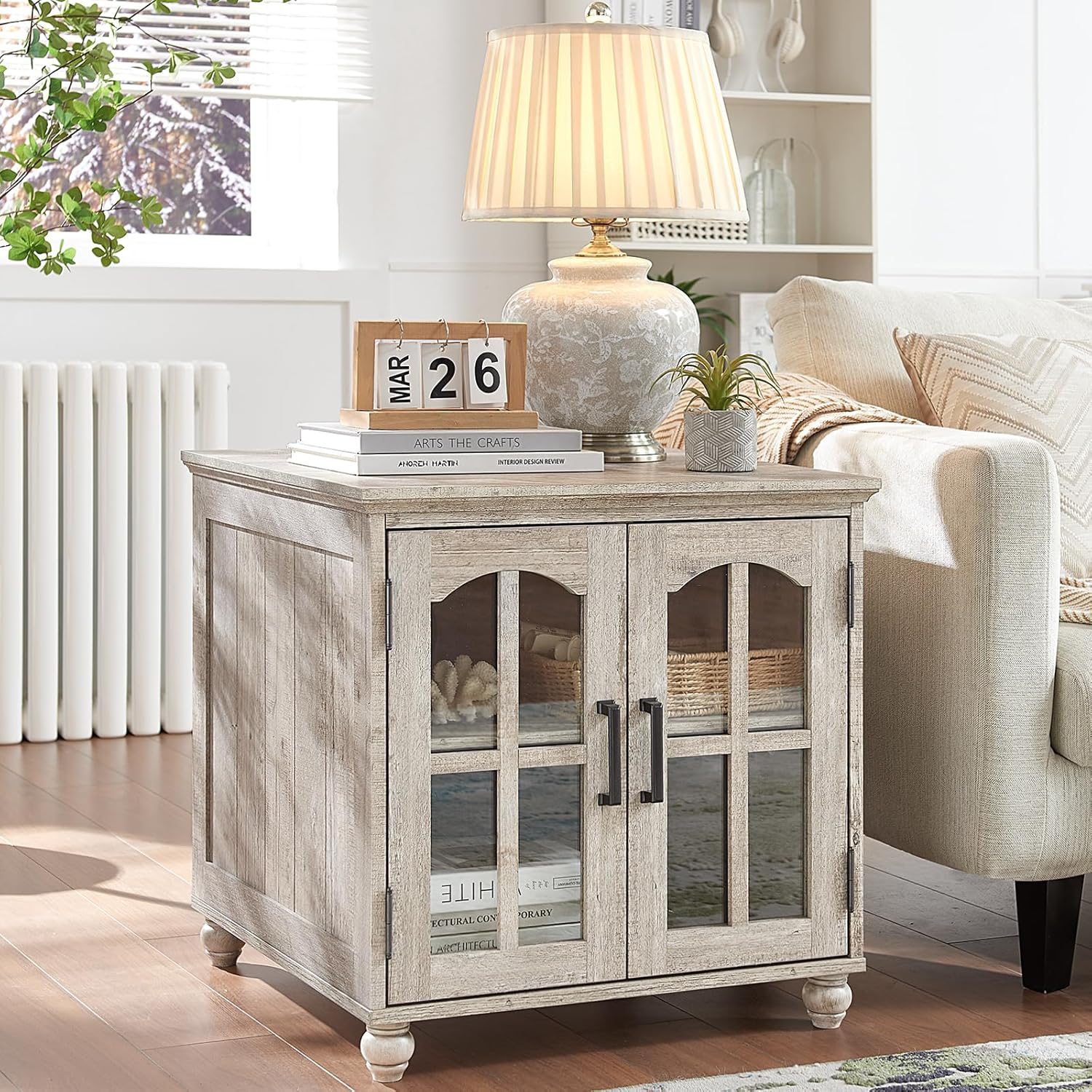 Farmhouse End Table with Charging Station,24" Large Sofa Side Table with Glass Barn Door,Rustic
