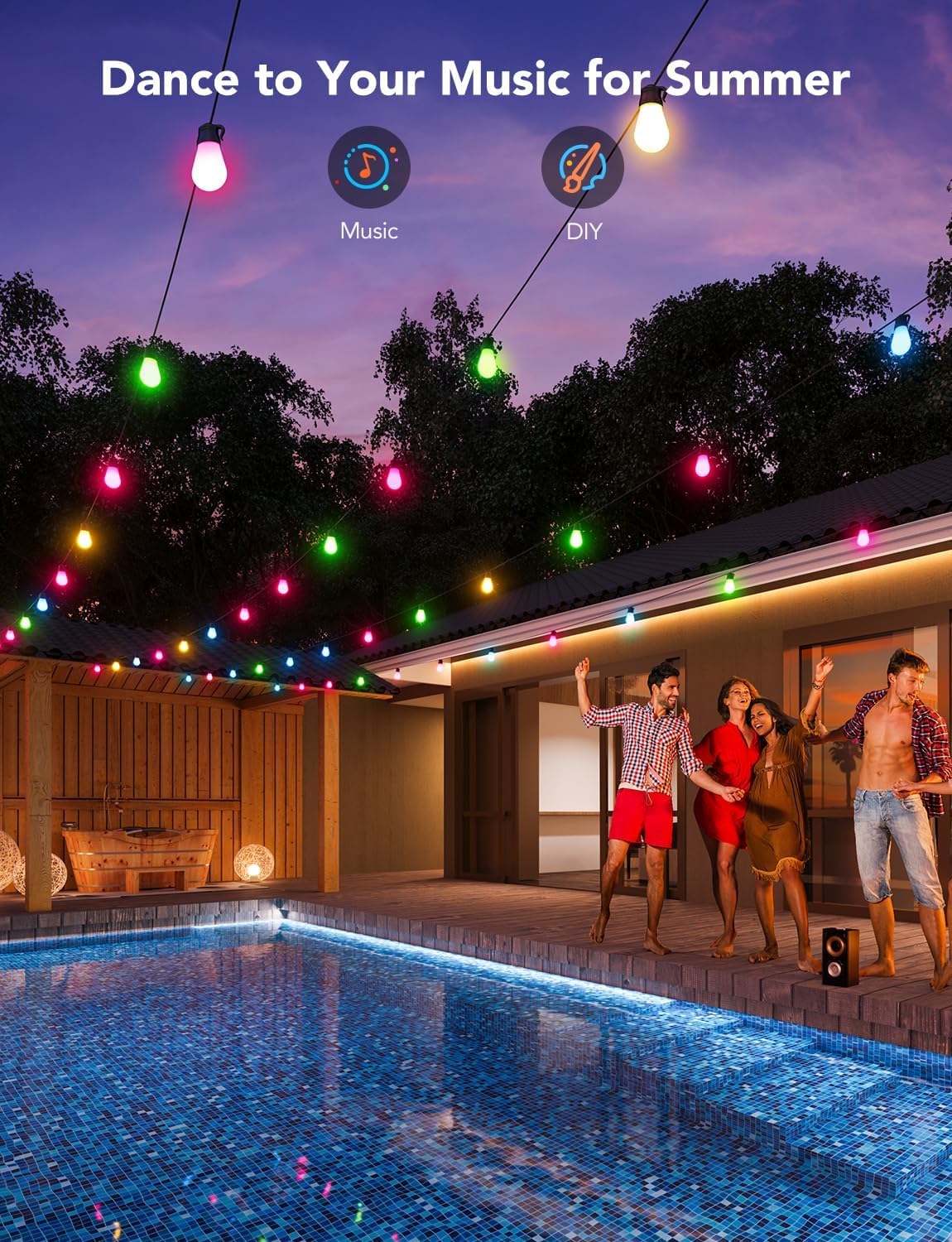 Govee Smart Outdoor String Lights H7015, 48ft RGBIC Outdoor Lights with 15 Dimmable LED Bulbs, IP65