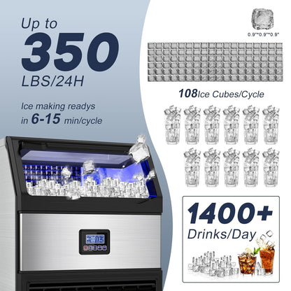 Commercial Ice Maker Machine 300LBS/24H with 75LBS Storage Bin, Stainless Steel