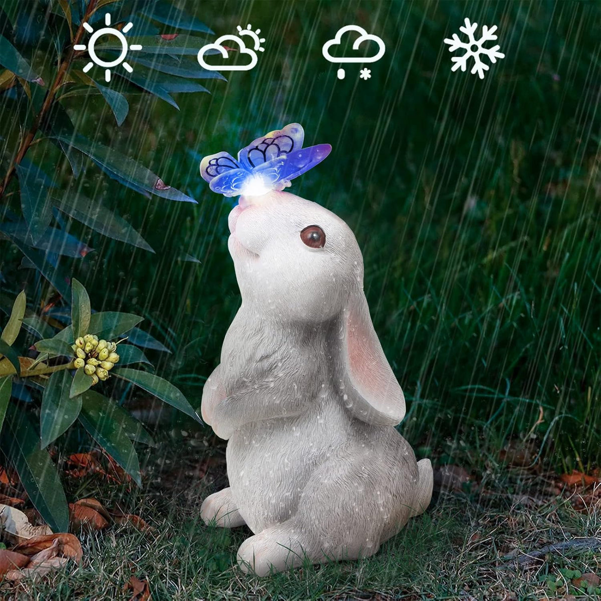 Garden Statue Outdoor Decor-Rabbit with Solar Butterfly Changing Lights Garden Statues,Bunny Statue