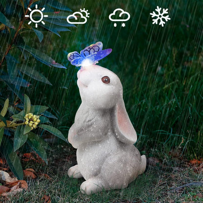 Garden Statue Outdoor Decor-Rabbit with Solar Butterfly Changing Lights Garden Statues,Bunny Statue