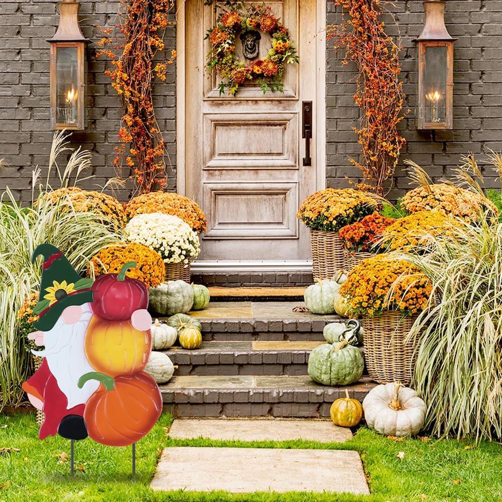 YEAHOME Fall Decorations Outdoor, Metal Gnome with Pumpkin Decorative Garden Stakes for Fall Decor