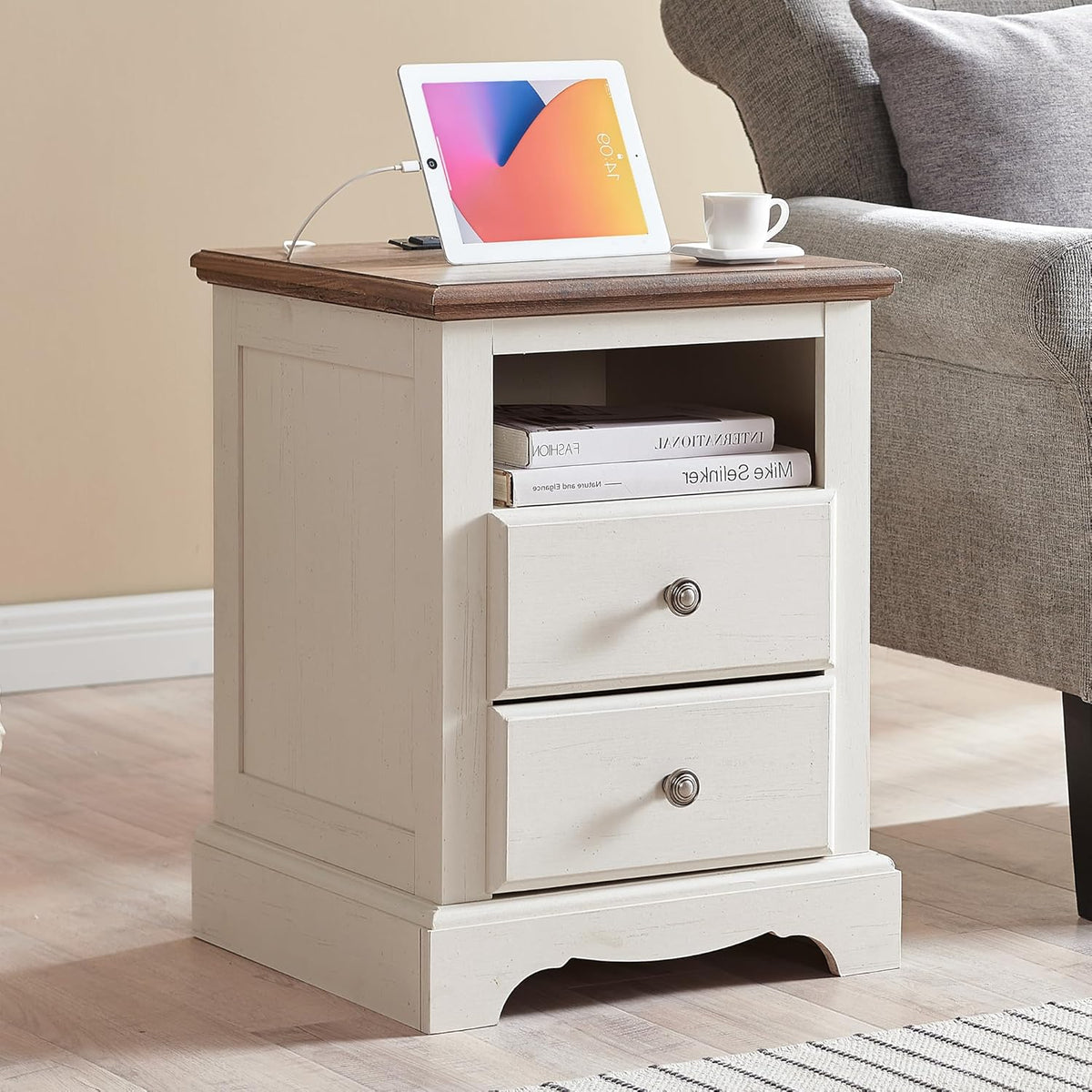 T4TREAM Nightstand with Charging Station, 18 Inch Vintage End Table with 2 Drawers, Wood Rustic