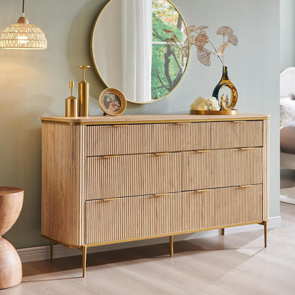 T4TREAM Fluted 7 Drawers Dresser for Bedroom, 54" Wide Modern Dresser TV Stand, Gold Accents