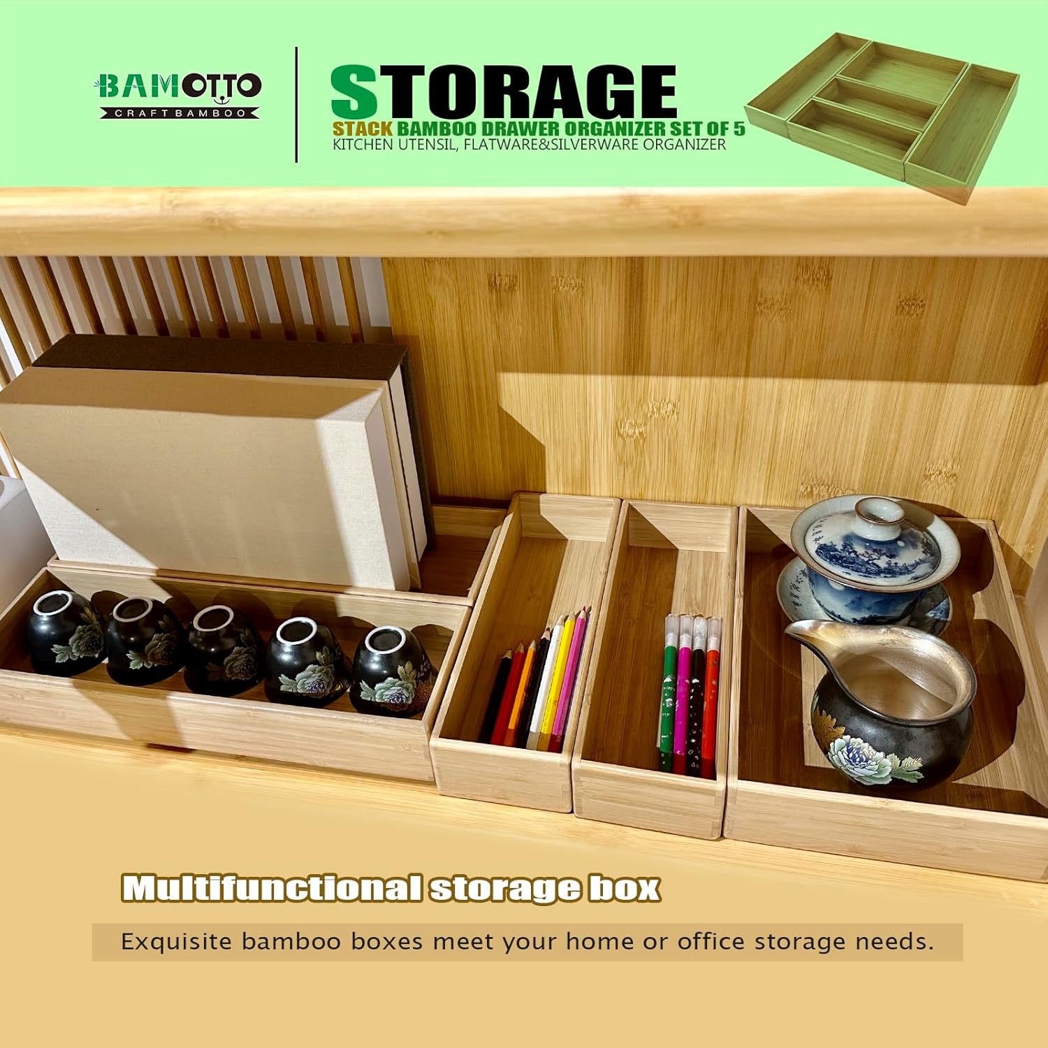 Stack Bamboo Drawer Organizer Set of 5, Kitchen Utensil, Flatware&Silverware Organizer-Wood