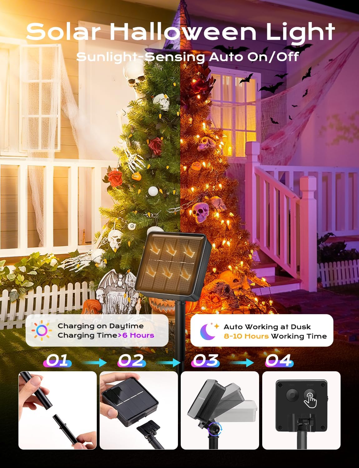 Brightown Solar Operated C6 Halloween Outdoor Lights, 22.64ft 50 LEDs Orange Halloween Lights