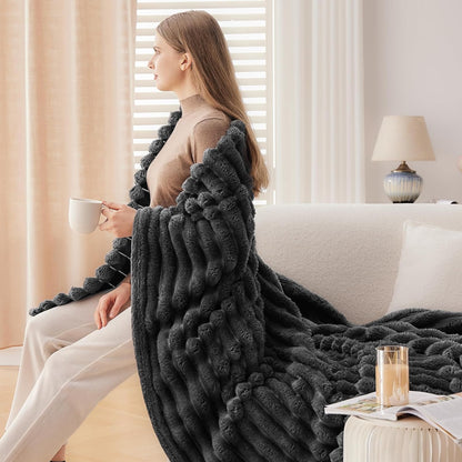 NEWCOSPLAY Super Soft Throw Blanket Grey Premium Silky Flannel Fleece 3D Ribbed Jacquard