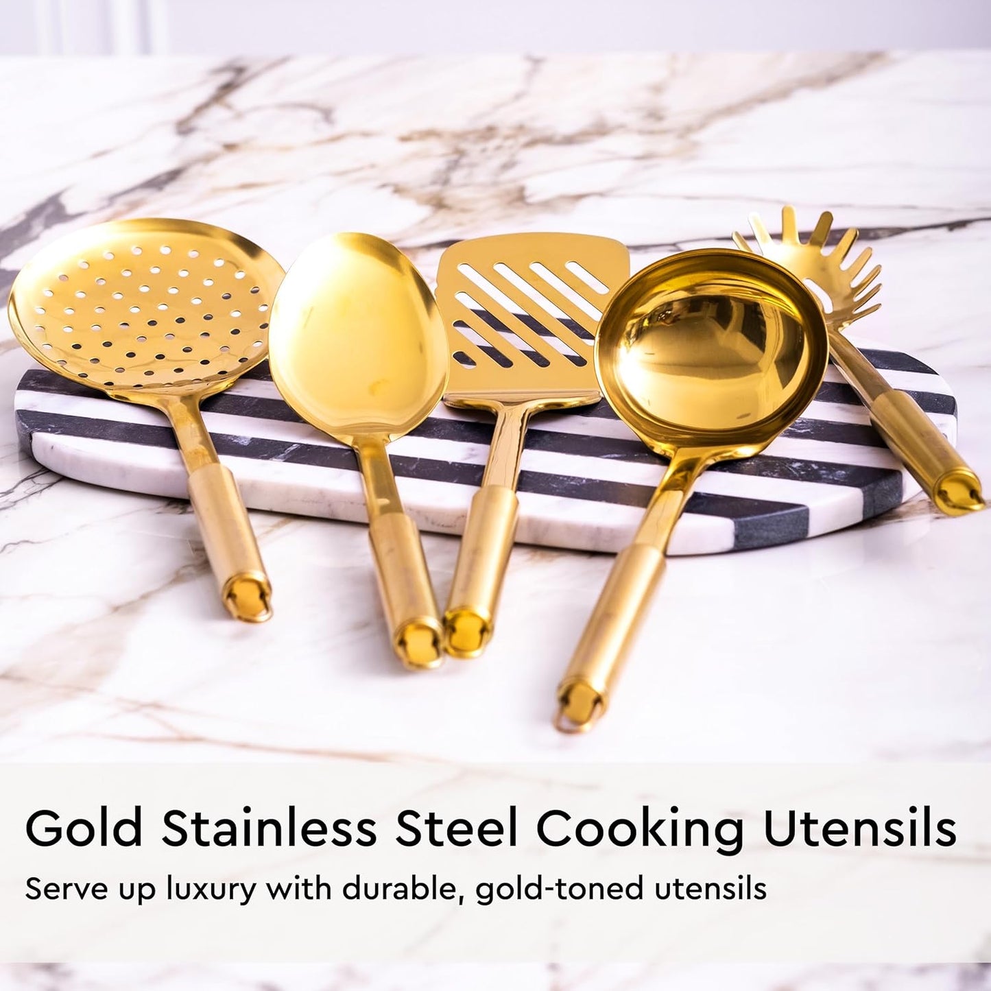 Gold Kitchen Utensils Set - 19-Piece Set Includes Stainless Steel Gold Utensils, White Silicone