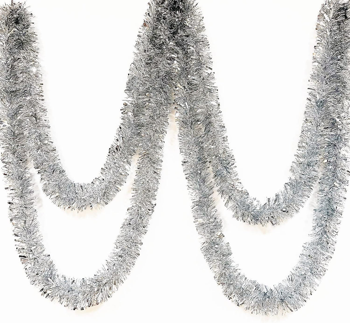 25 ft Long Roll Silver Tinsel Twist Garland, Shiny Metallic Foil Decorations for Parade Floats