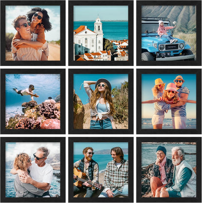 Vittanly 8x8 Picture Frames Set of 9, Shatter Resistant Plexiglass, Display 4x4 Pictures with Mat