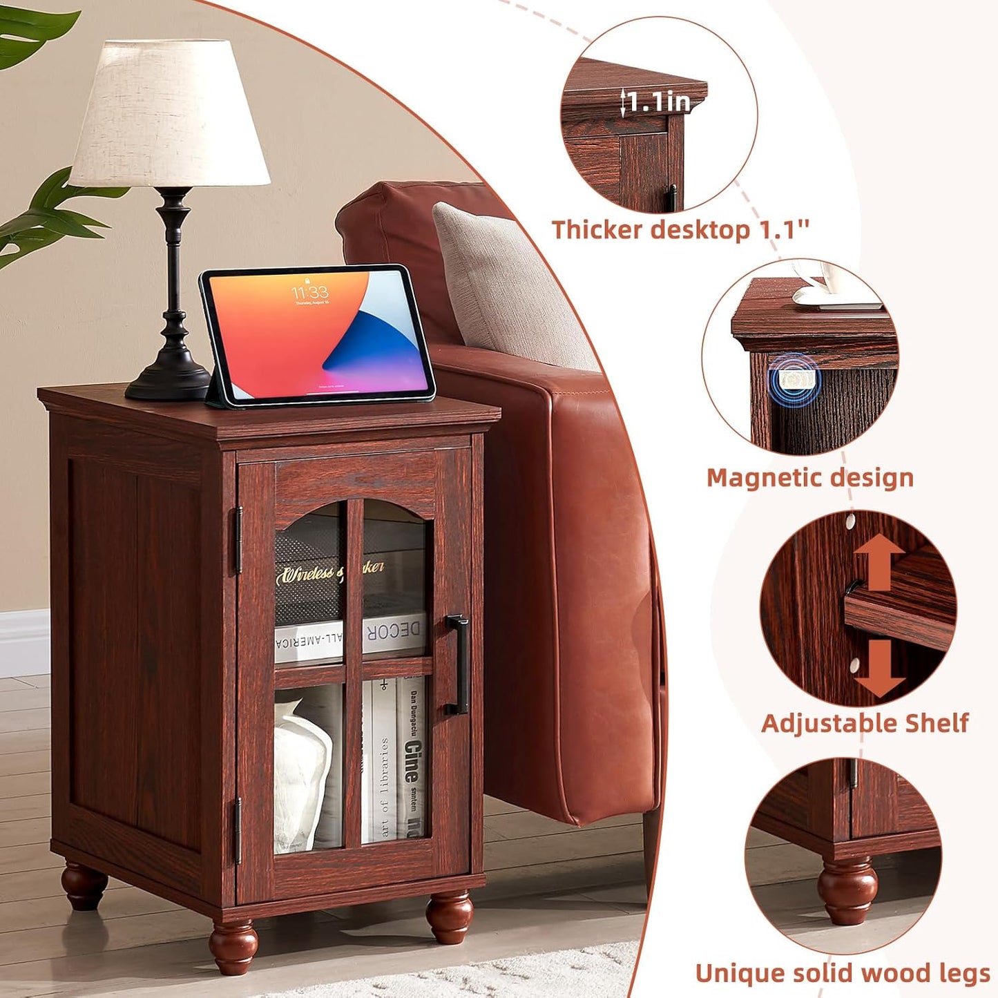 Narrow Side Table,Farmhouse Nightstand with Charging Station,Wood End Table with Glass Barn Door
