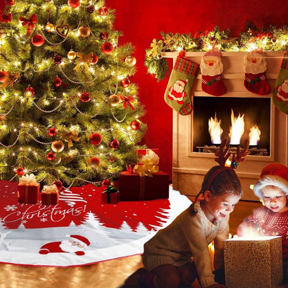 Christmas Tree Skirt Red Xmas Tree Ornaments for White Soft Plush Christmas Tree Mat with Snowy