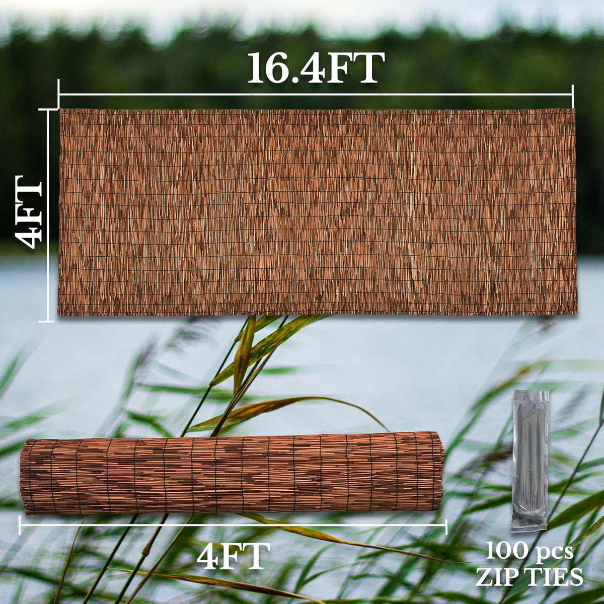 Brown 4FT X 16.4FT Reed Fencing Roll, Balcony Privacy Reed Shade Bamboo Fencing Garden Fence