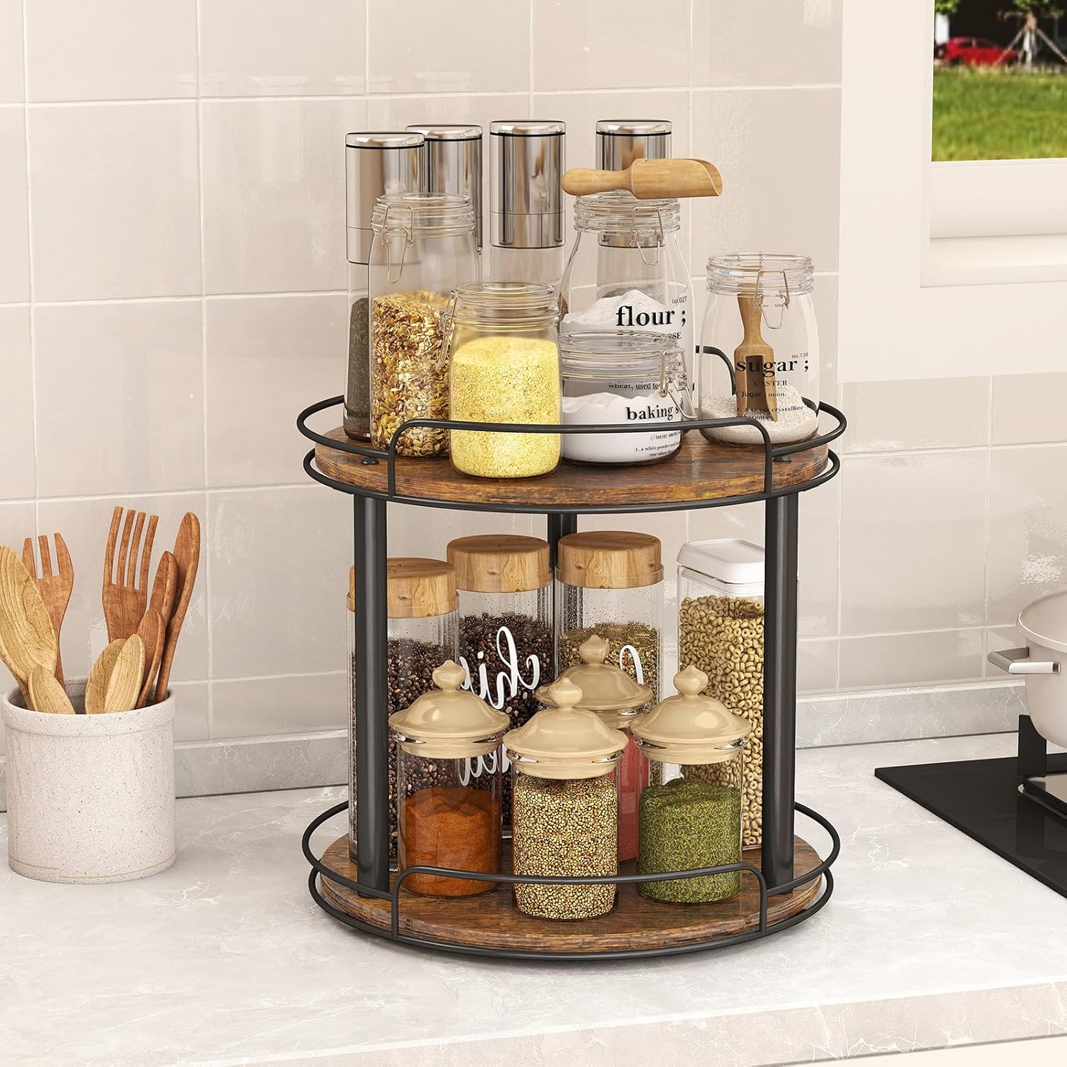 LAMU 10.2'' Wood Lazy Susan Turntable Organizer for Cabinet, 2 Tier Lazy Susan Spice Rack Organizer