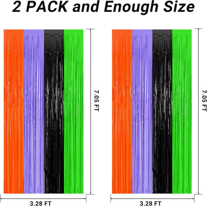 2 Pack Halloween Backdrop, 3.28 FT x 7.05 FT Orange Purple Black Green Party Streamer, Metallic
