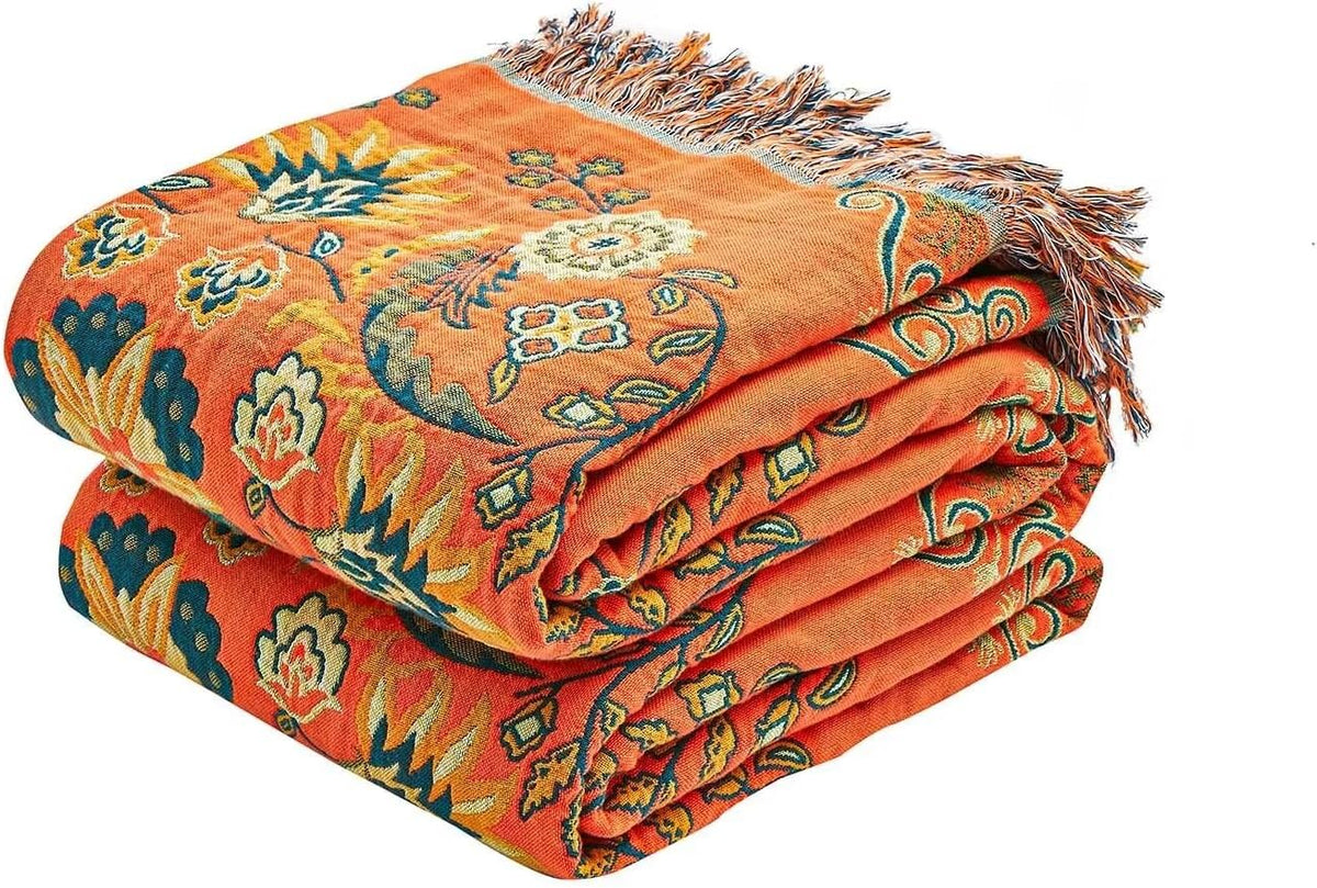 Boho Throw Blanket, 100% Cotton Ultra Soft Luxury Throw Rustic Quilt, 60"x80" Floral Printed