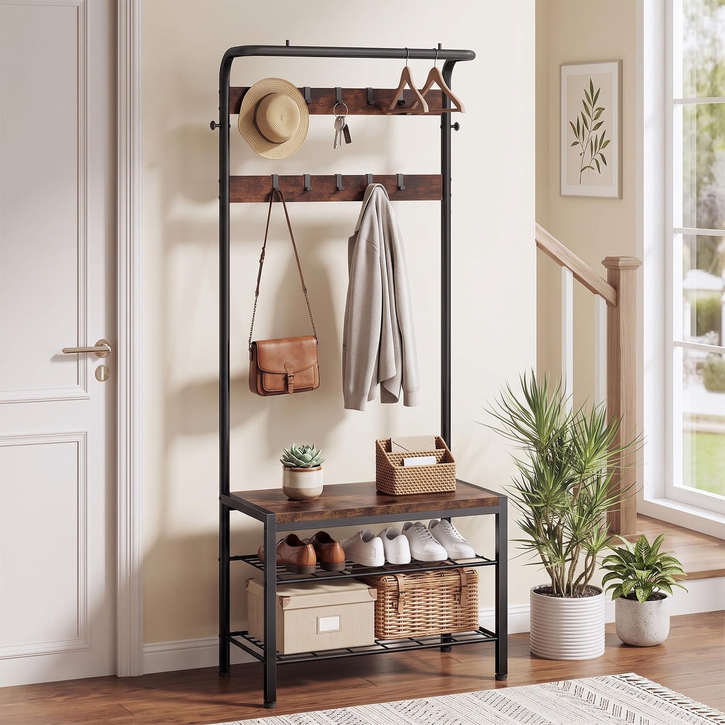 DUMOS 5-in-1 Hall Tree with Coat Rack and Shoe Bench, Industrial Entryway Storage Organizer with