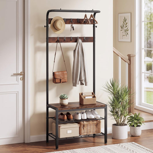 DUMOS 5-in-1 Hall Tree with Coat Rack and Shoe Bench, Industrial Entryway Storage Organizer with