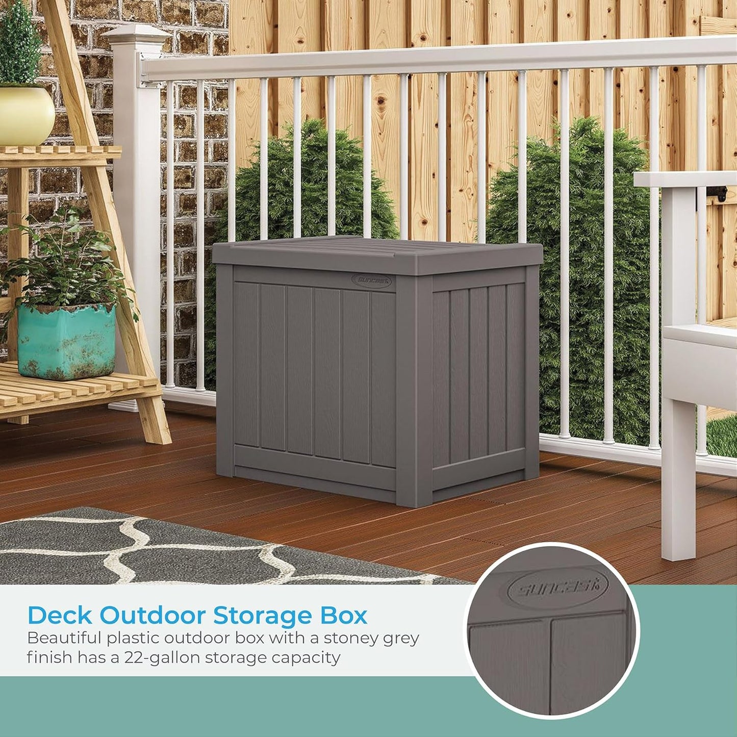 Suncast 22-Gallon Small Deck Box - Lightweight Resin Indoor/Outdoor Storage Container and Seat for