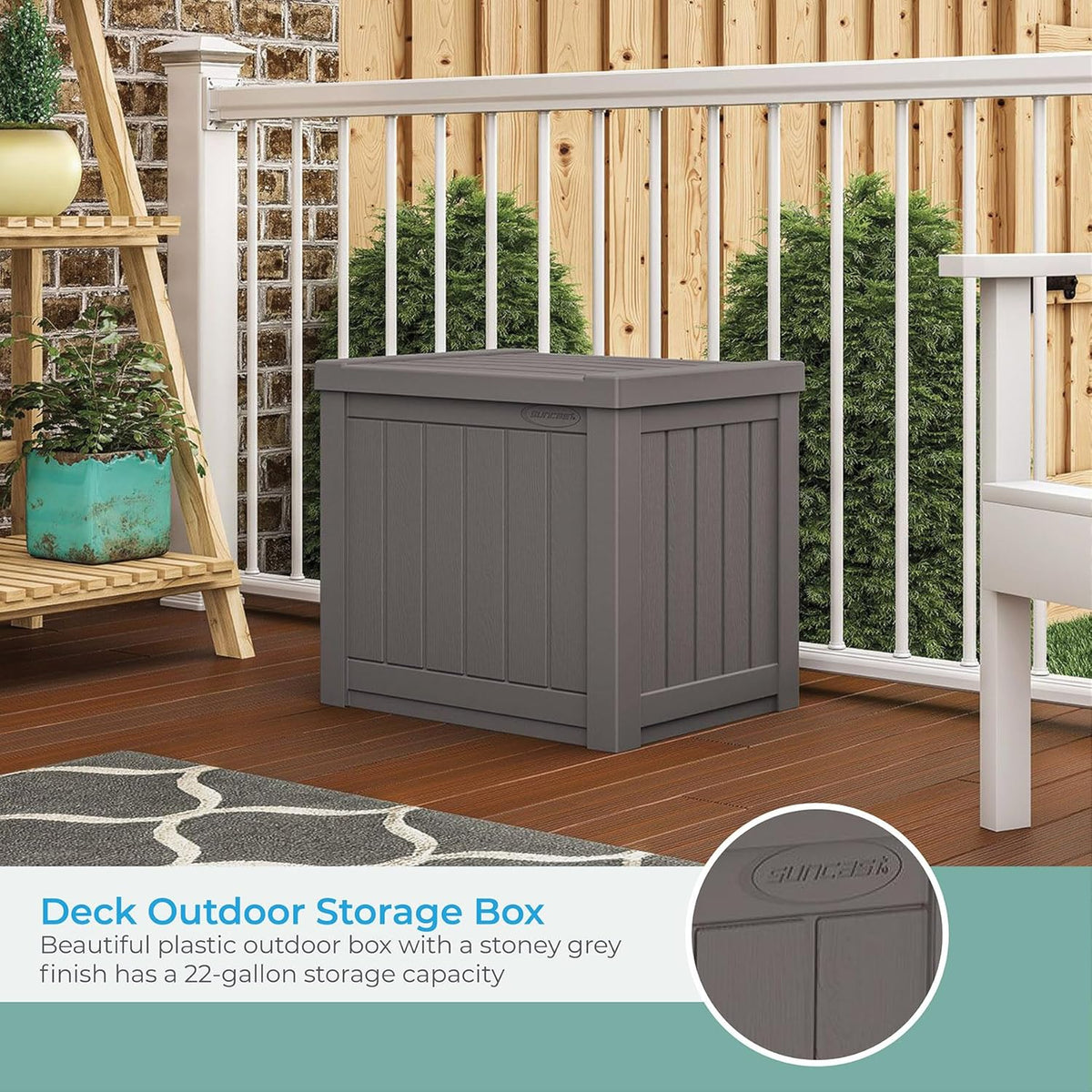 Suncast 22-Gallon Small Deck Box - Lightweight Resin Indoor/Outdoor Storage Container and Seat for