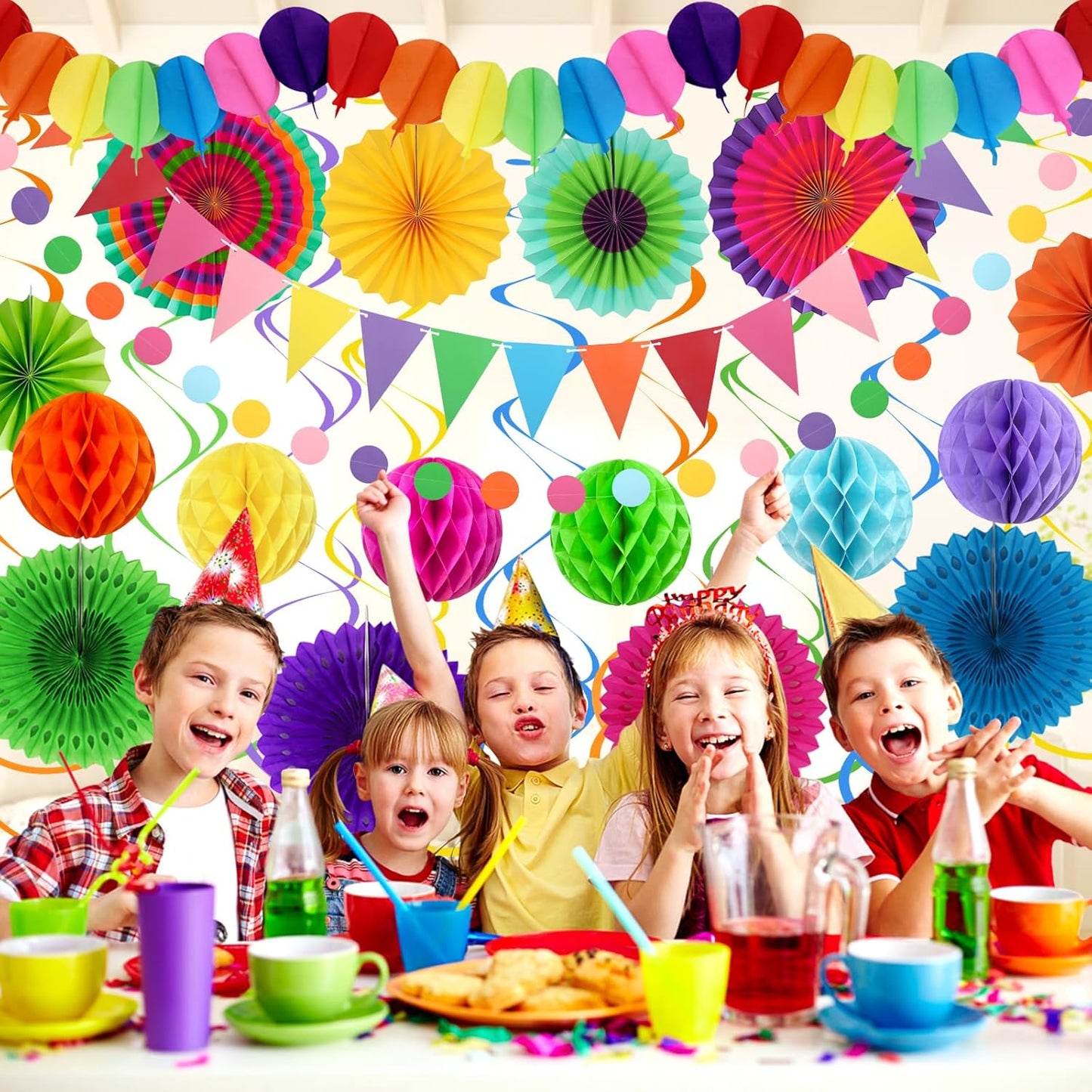 Fiesta Party Decorations - Easy to Assemble Multicolored Paper Fan Honeycomb Ball Garland Hanging