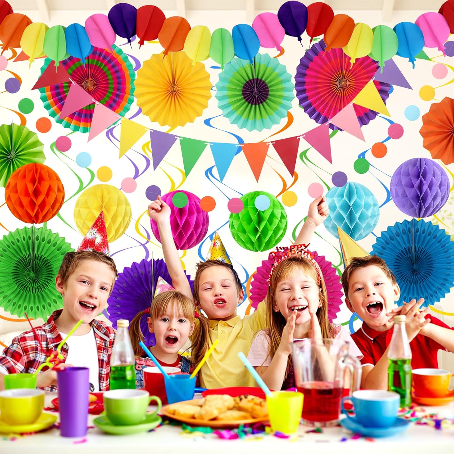 Fiesta Party Decorations - Easy to Assemble Multicolored Paper Fan Honeycomb Ball Garland Hanging