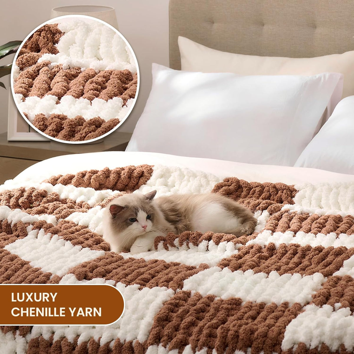 L'AGRATY Chunky Knit Blanket Throw: 60''x80'' Chenille Chunky Knitted Throw Blankets for Twin Bed