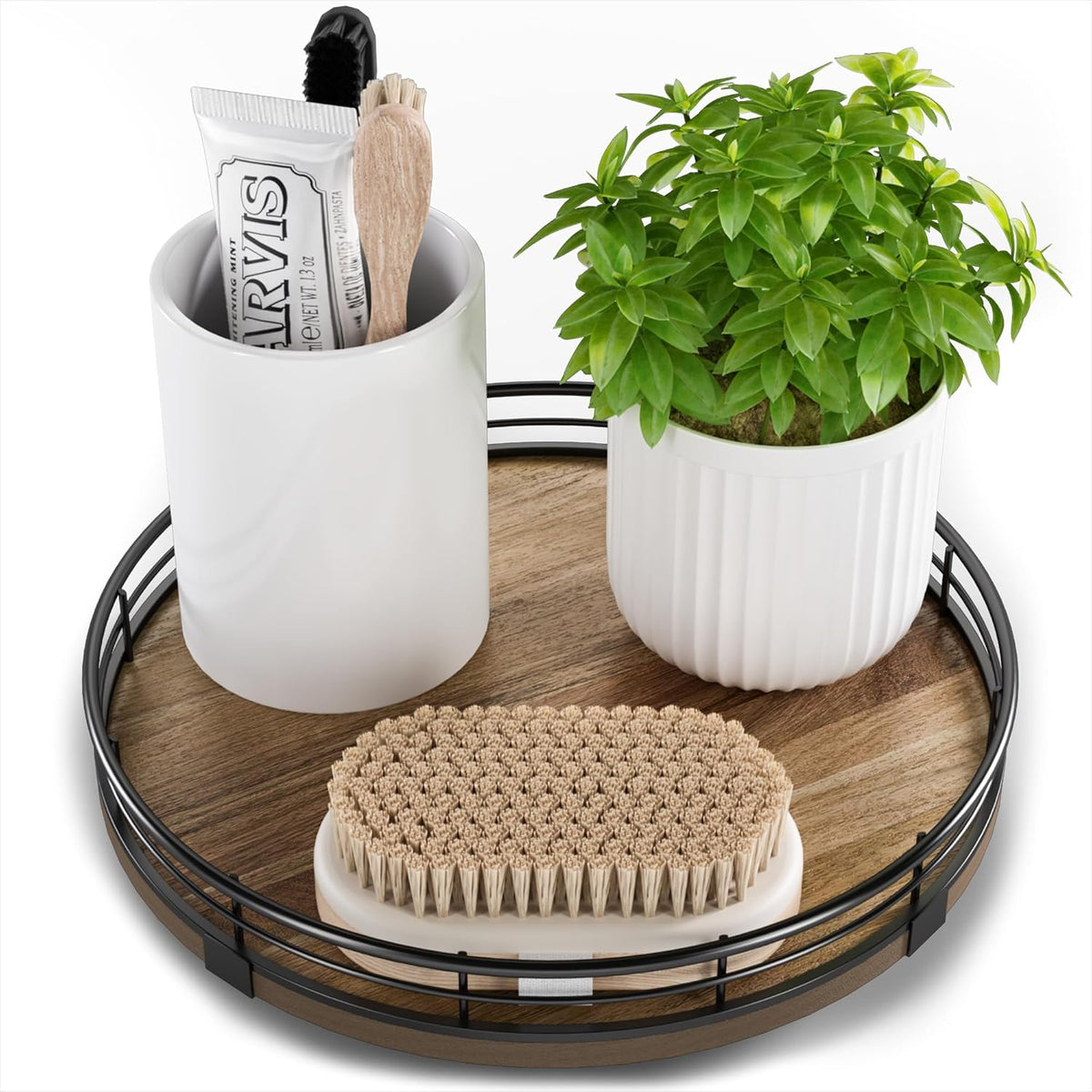 Acacia Wood 9" Bathroom Vanity Tray Turntable, Farmhouse Round Bathroom Countertop Organizer for