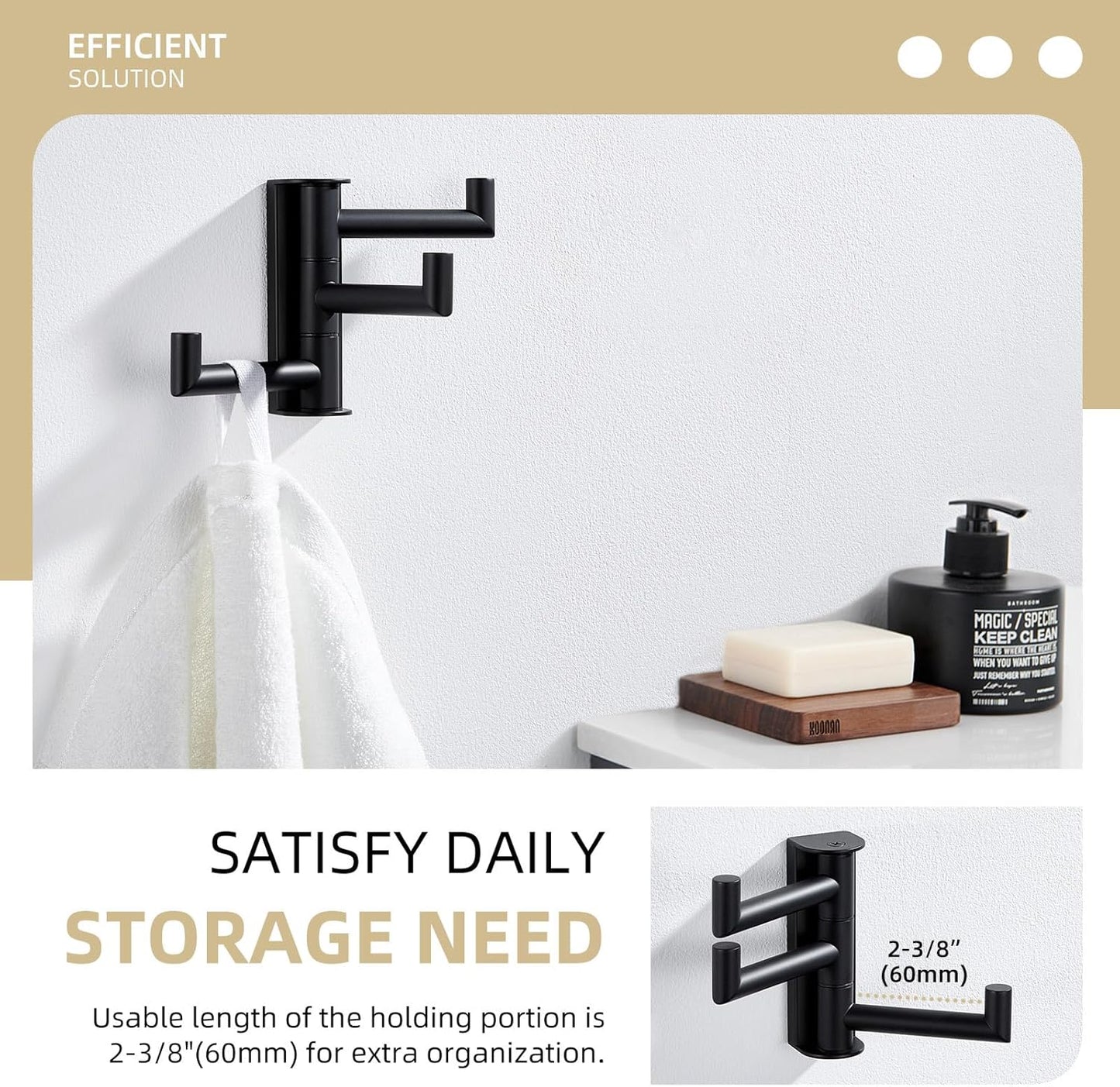 Angle Simple Swivel Towel Hook 3 Arms, SUS 304 Stainless Steel Foldable Bathroom Robe Towel Hook