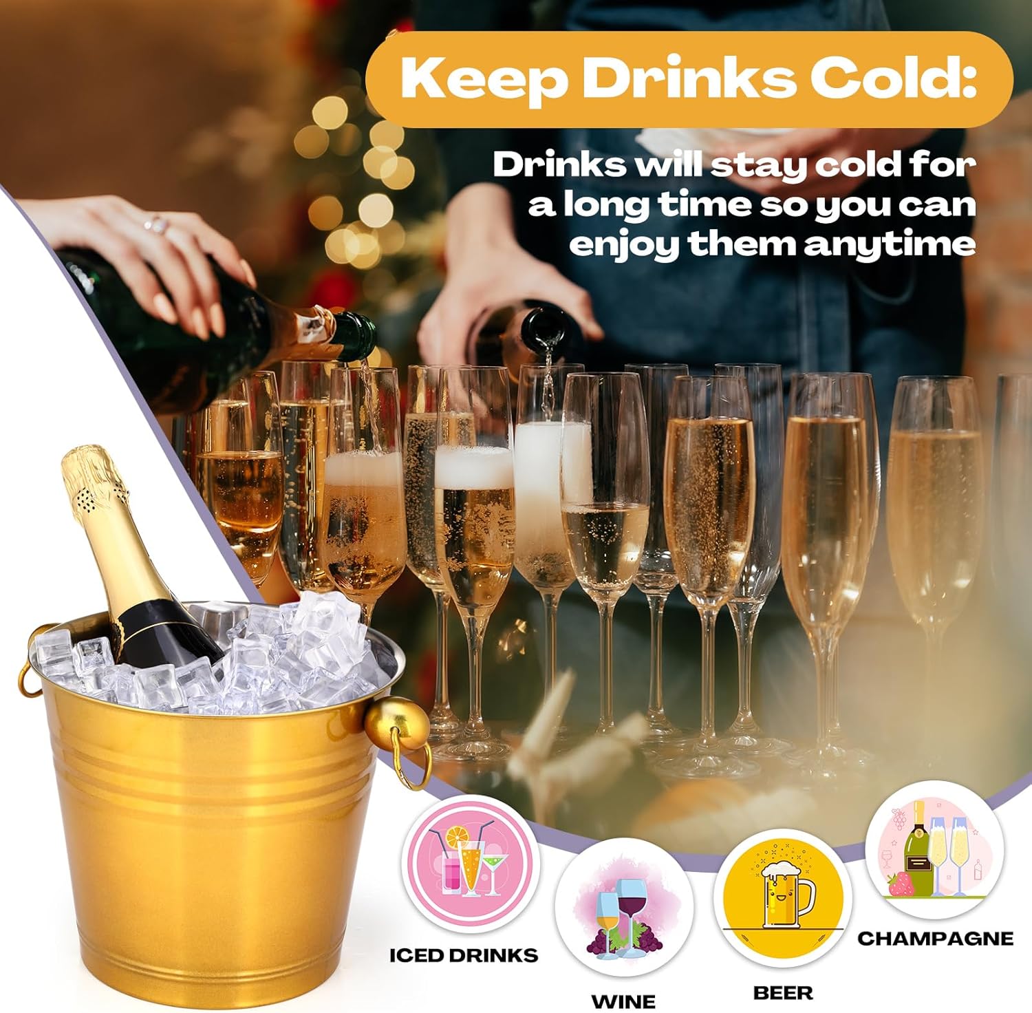 Amyhill 8 Pack Stainless Steel Ice Bucket 5.3 Quart/ 5 Liter with Handle Large Insulated Champagne
