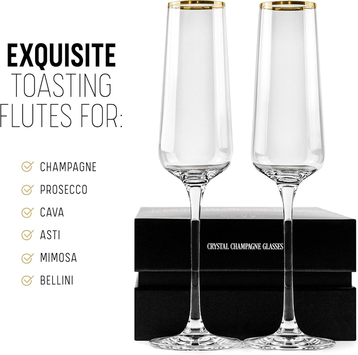 Gold Rim Champagne Gift Glasses | Set of 2 | Crystal Square Toasting Flutes for Bride and Groom