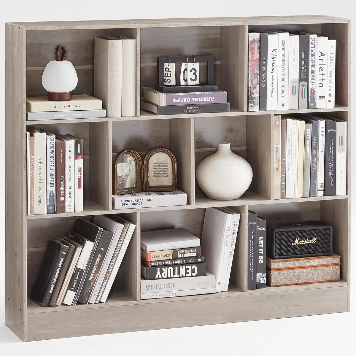 LEYAOYAO 10 Cube Bookshelf with Base,3 Tier Mid-Century Modern Grey Bookcase,Standing Wide