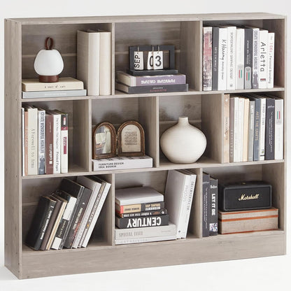 LEYAOYAO 10 Cube Bookshelf with Base,3 Tier Mid-Century Modern Grey Bookcase,Standing Wide