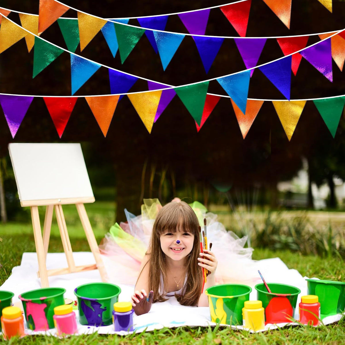 Rainbow Party Decorations Colorful Metallic Fabric Triangle Pennant Banner Flag Bunting Garland for