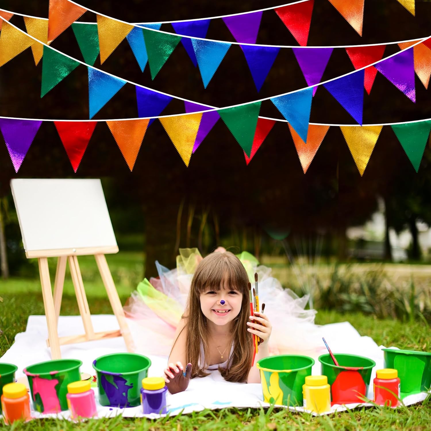 Rainbow Party Decorations Colorful Metallic Fabric Triangle Pennant Banner Flag Bunting Garland for