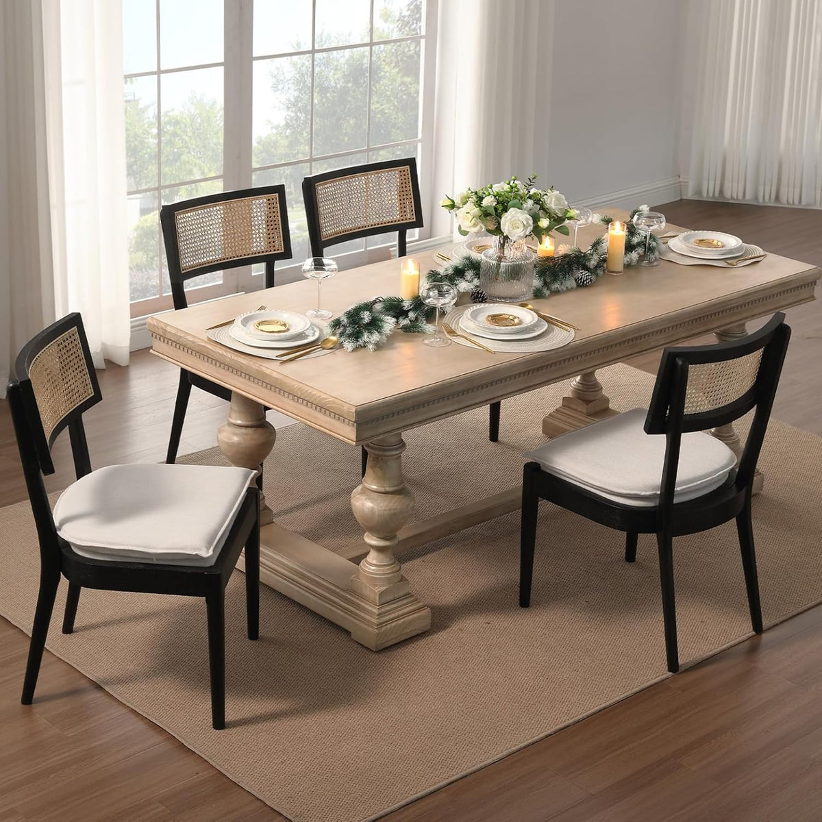 Rattan Dining Chairs Set Of 2 , Mid Century Modern Black Wooden Cane Back Chairs with Removable