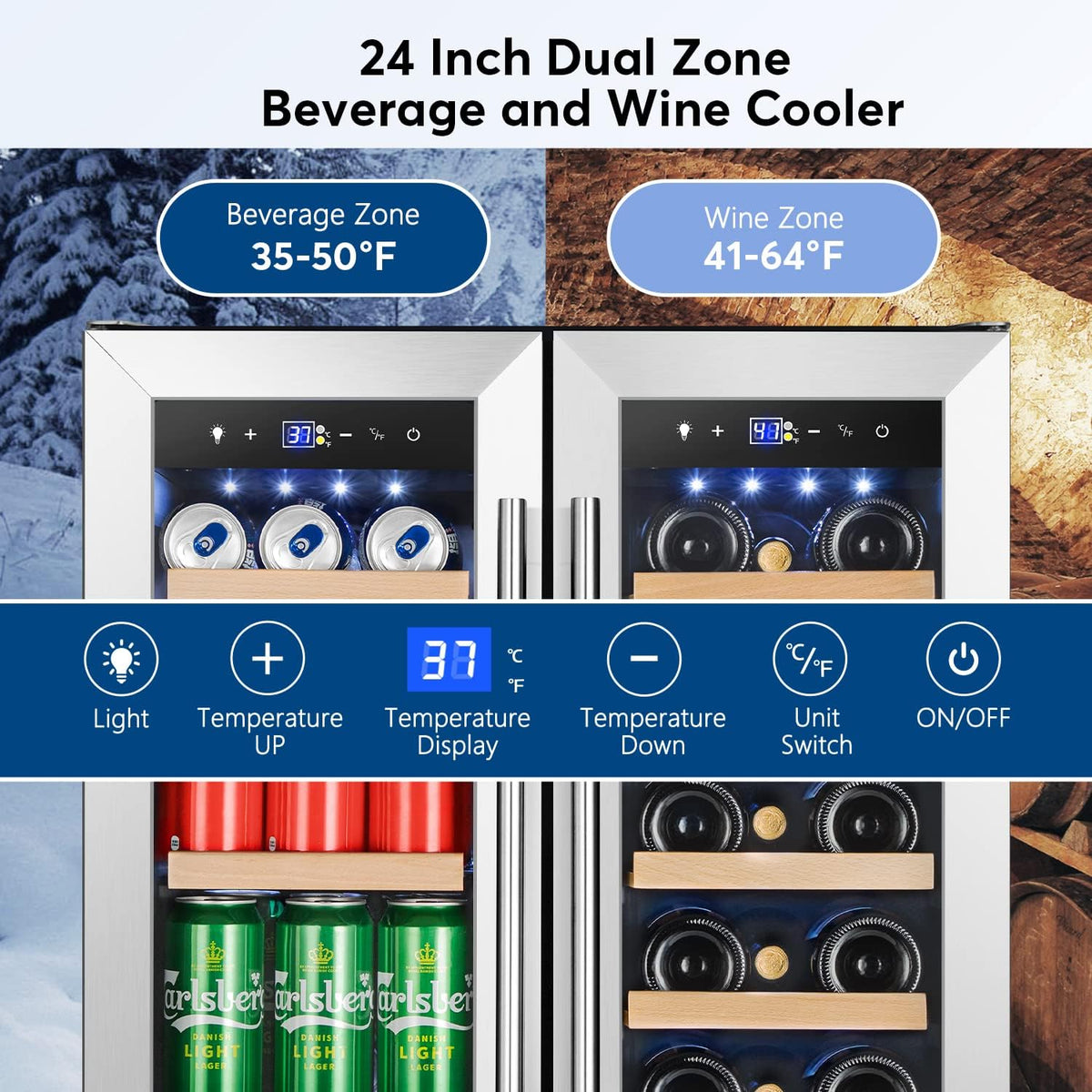 Tylza Upgraded Wine and Beverage Refrigerator 24 Inch, Dual Zone Wine Beverage Cooler with French