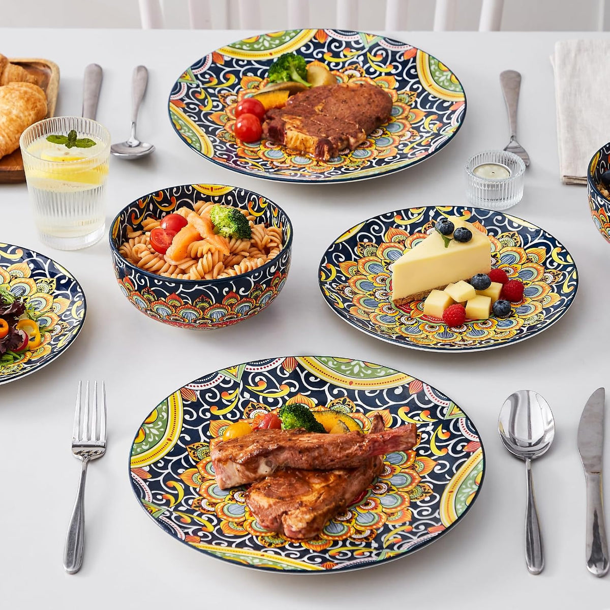 vancasso 12 Pieces Dinnerware Sets, Dark Green Plates and Bowls Set, Porcelain Dishes Set for 4