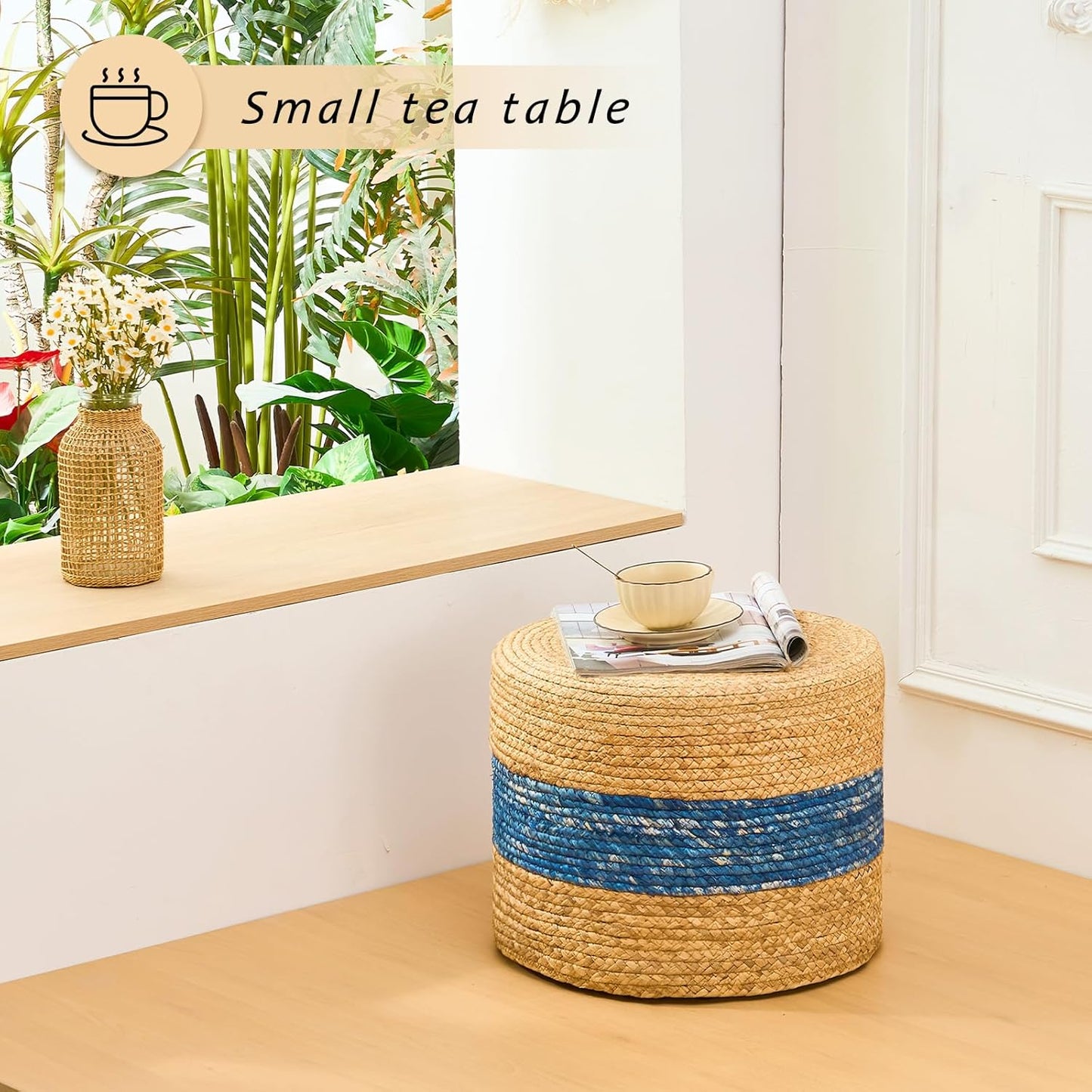 Handwoven Water Hyacinth Ottoman Pouf, Round Outdoor Footstool with Sturdy Frame, No Assembly